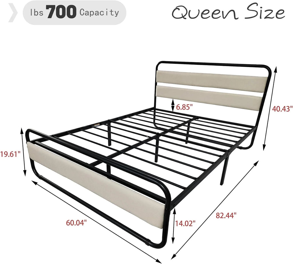 Queen Size Metal Platform Bed Frame with Upholstered Headboard L441