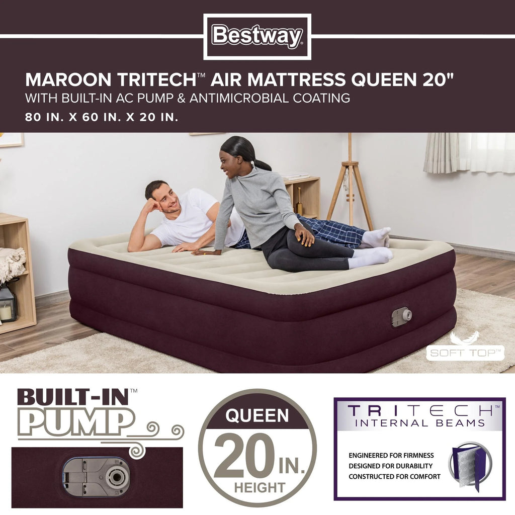 Maroon Queen Air Mattress with Built-in Pump L937