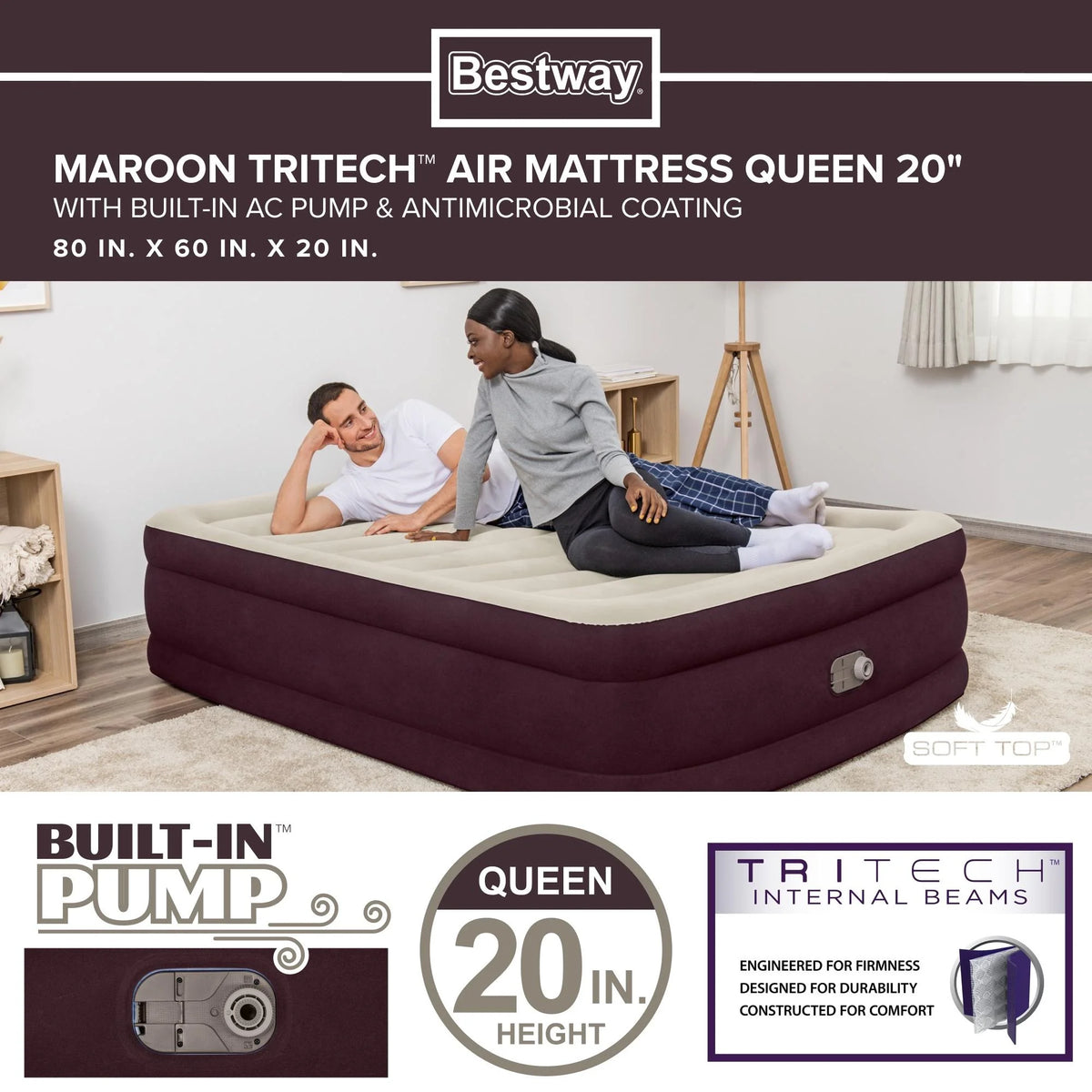 Maroon Queen Air Mattress with Built-in Pump L937