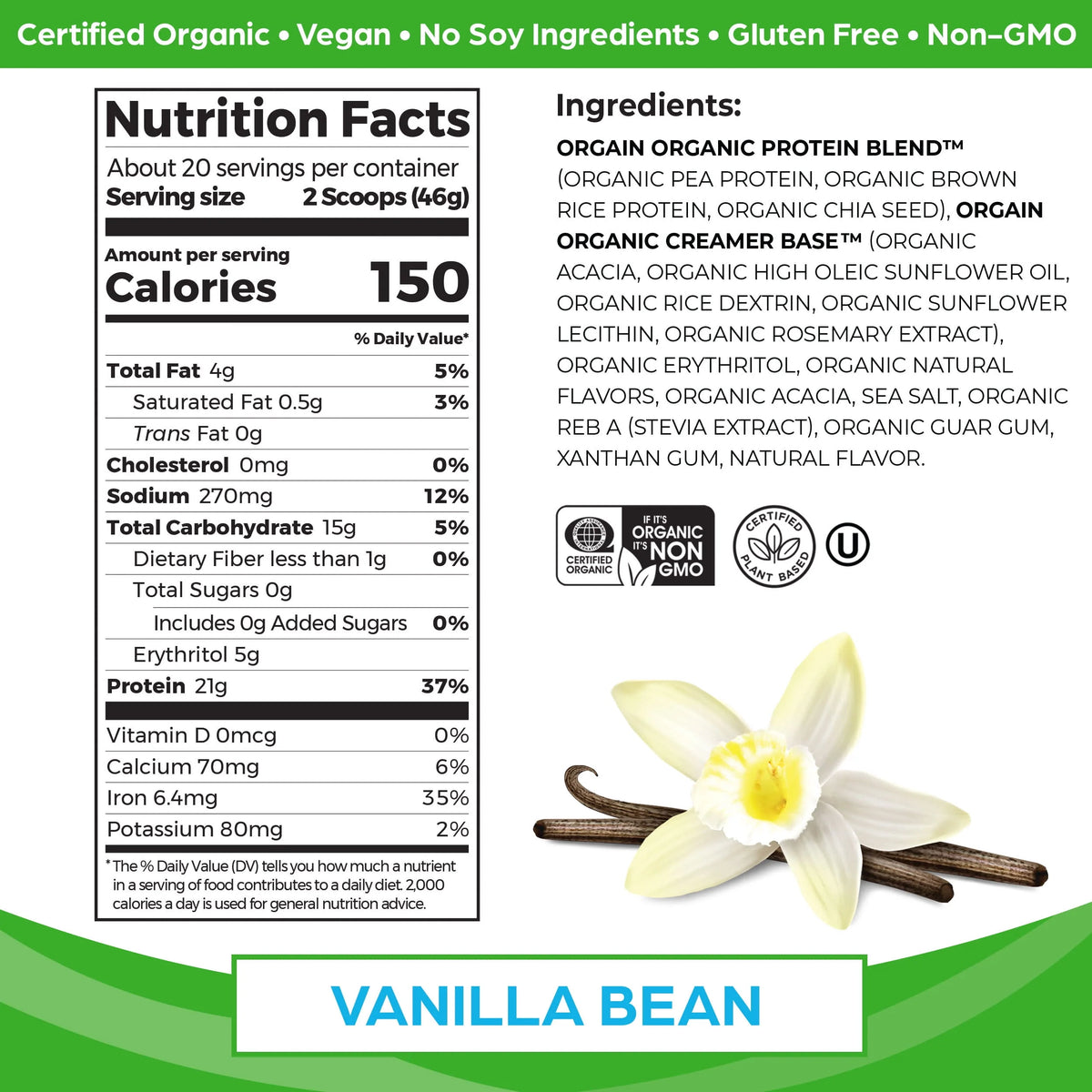 Organic Vegan 21g Protein Powder Vanilla Bean 2.03lb Q7164