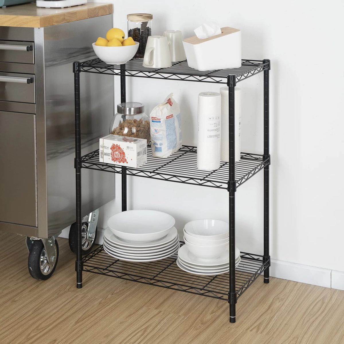 Steel 3-Tier Storage Shelf Unit Black D3083