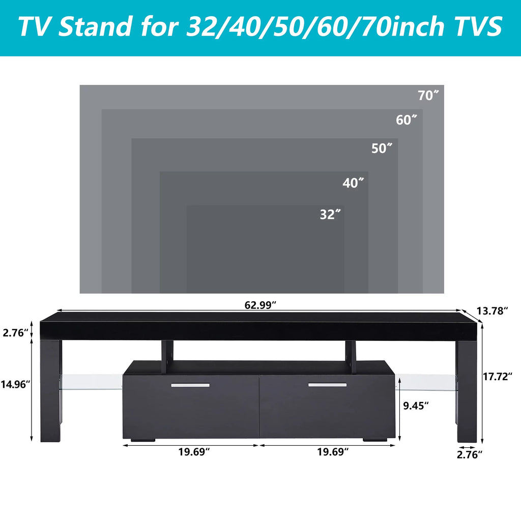 Black TV Stand with LED Lights and Storage Cabinets and Shelves H2634