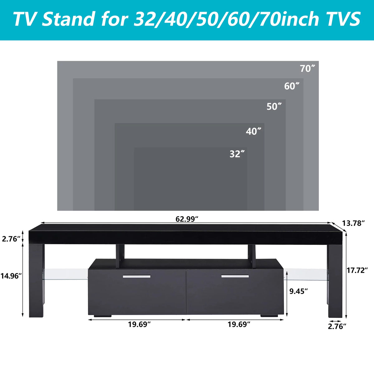 Black TV Stand with LED Lights and Storage Cabinets and Shelves H2634