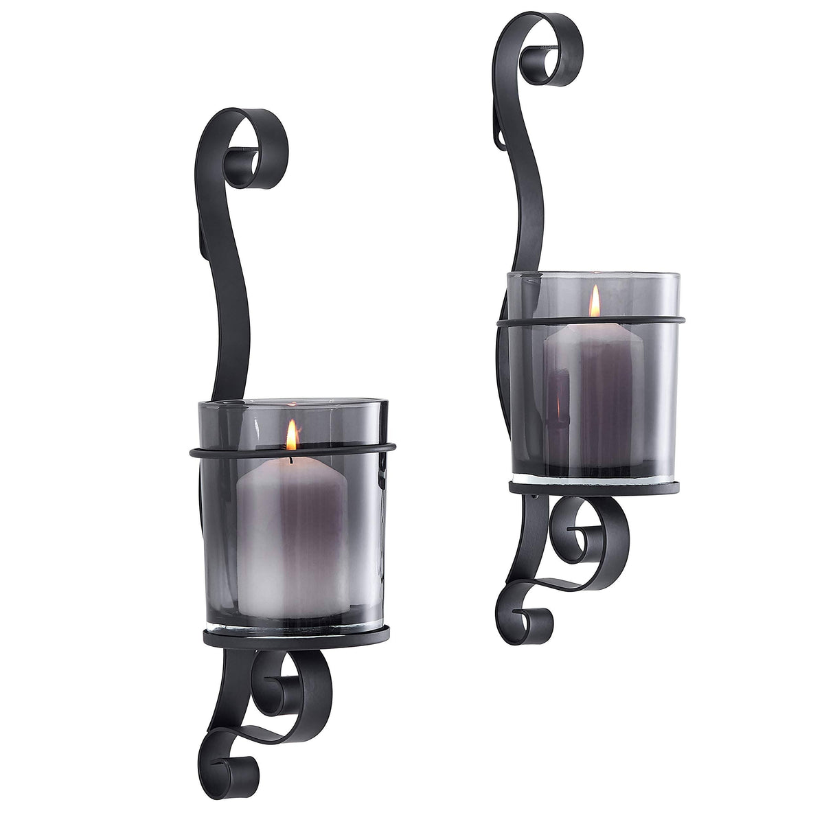Vintage Black Wall Sconce Candle Holder Set of 2 with Smoke Glass T53629