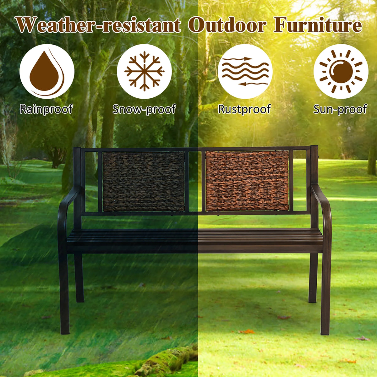 Patio Garden Bench Steel Frame Rattan Backrest C82332