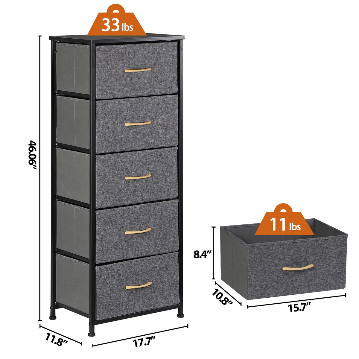 Black Metal Frame 5 Drawer Dresser Storage Tower C3197
