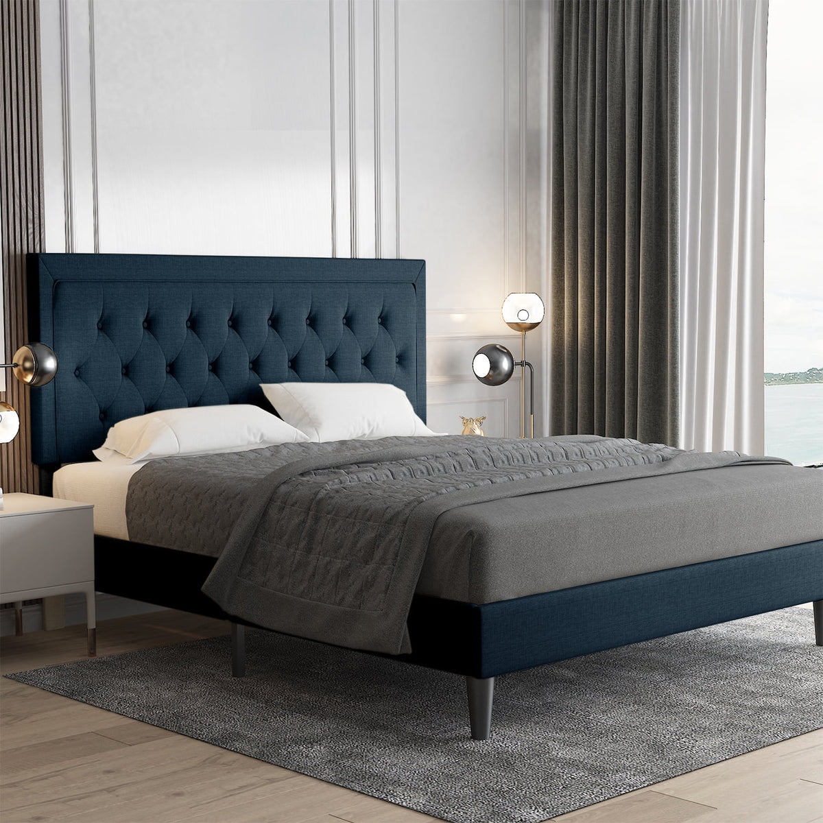 Queen Size Upholstered Platform Bed with Adjustable Headboard A51736