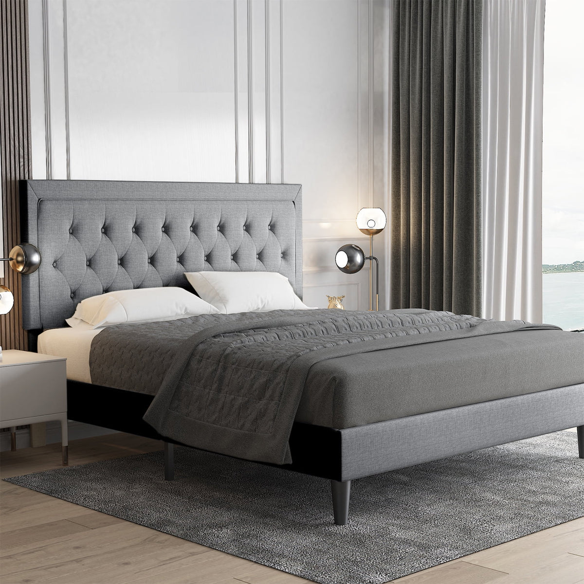 Queen Size Upholstered Platform Bed with Adjustable Headboard A51736