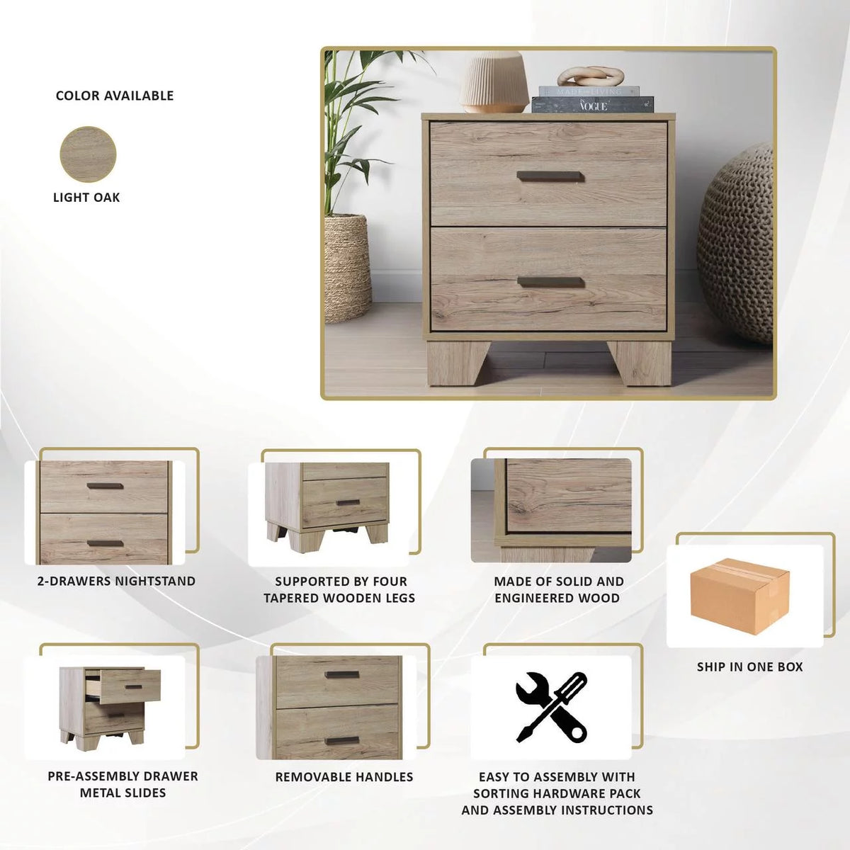2 Drawers Light Oak Nightstand W6611