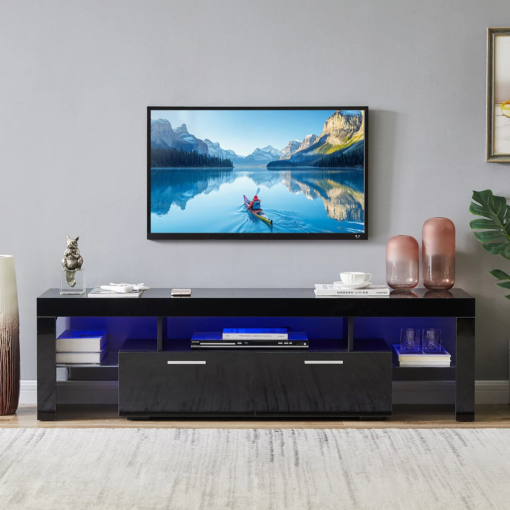 Black TV Stand with LED Lights and Storage Cabinets and Shelves H2634