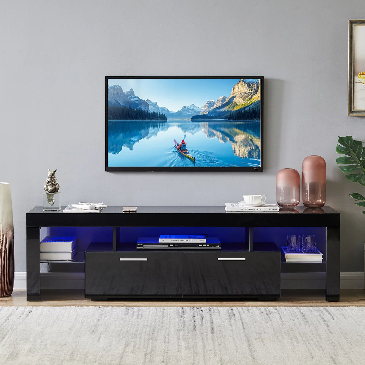 Black TV Stand with LED Lights and Storage Cabinets and Shelves H2634